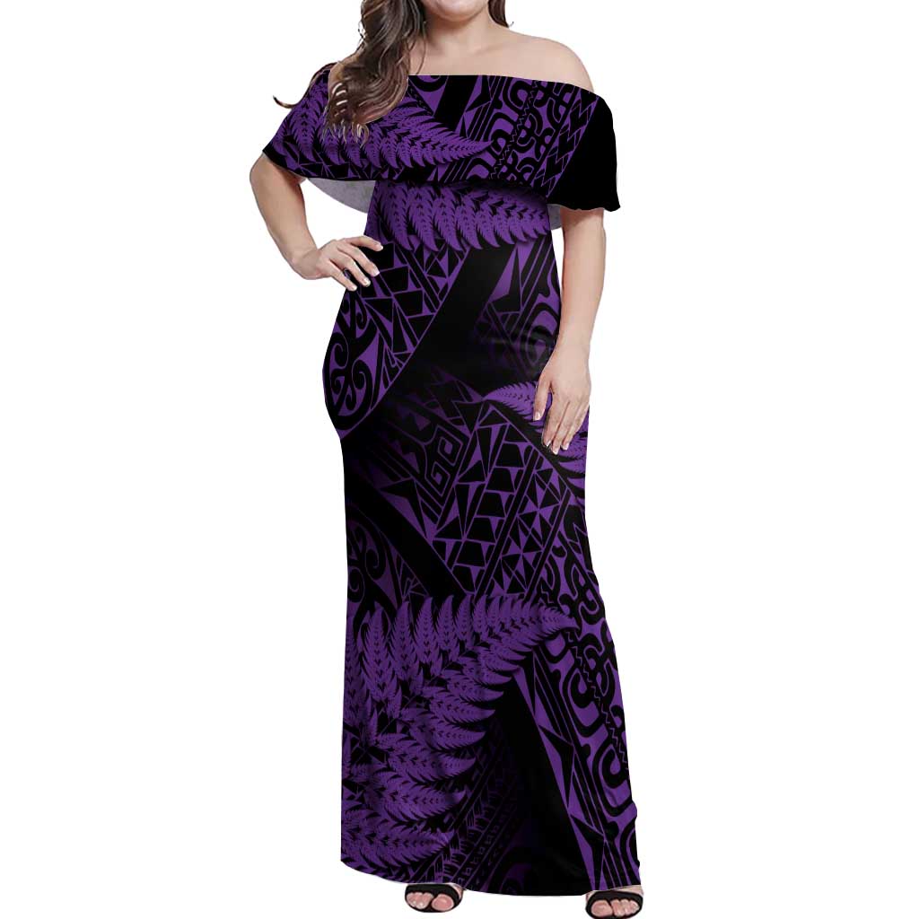 New Zealand Rugby Pacific Personalised Off Shoulder Maxi Dress All Purple Maori Pasifika Fern Pattern