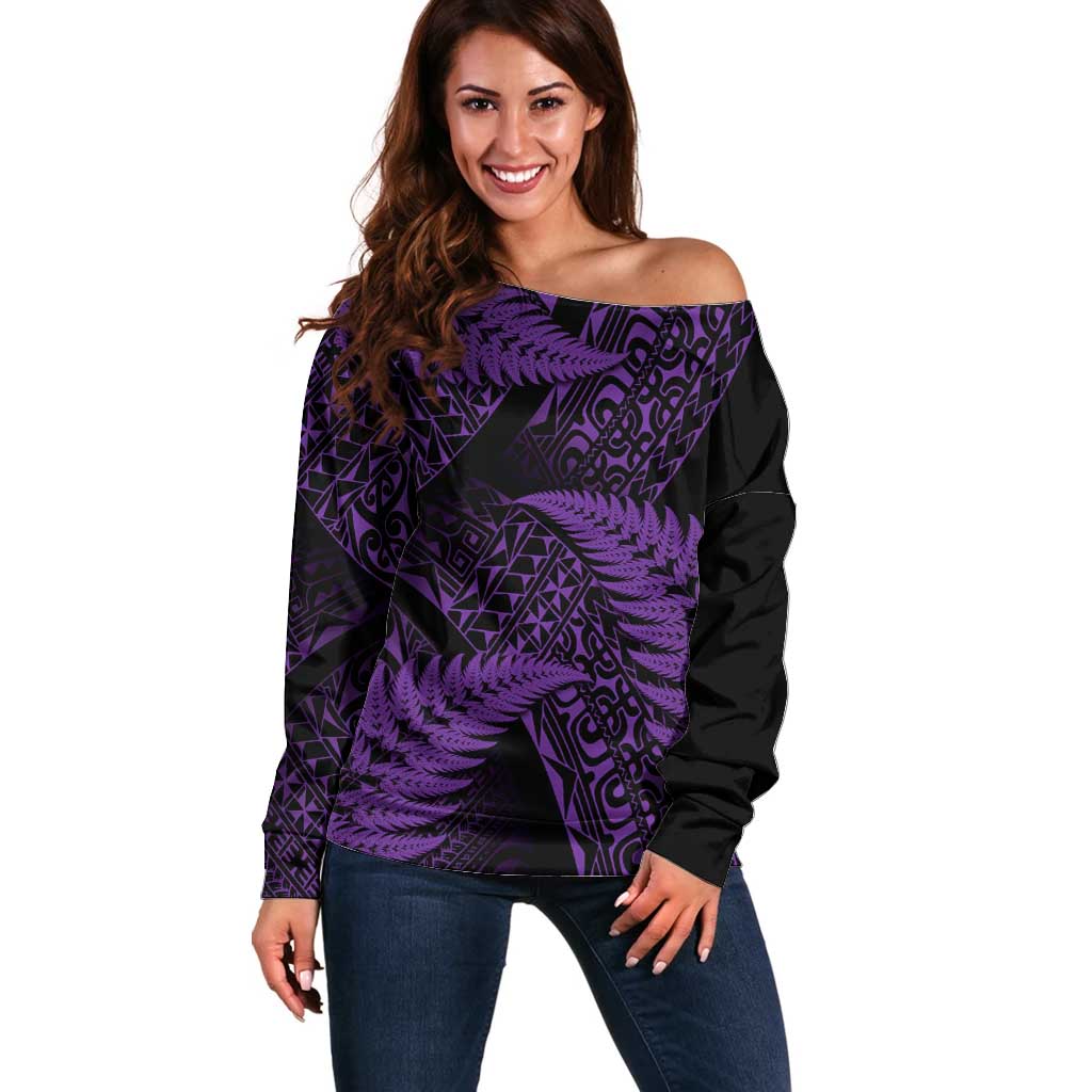 New Zealand Rugby Pacific Personalised Off Shoulder Sweater All Purple Maori Pasifika Fern Pattern