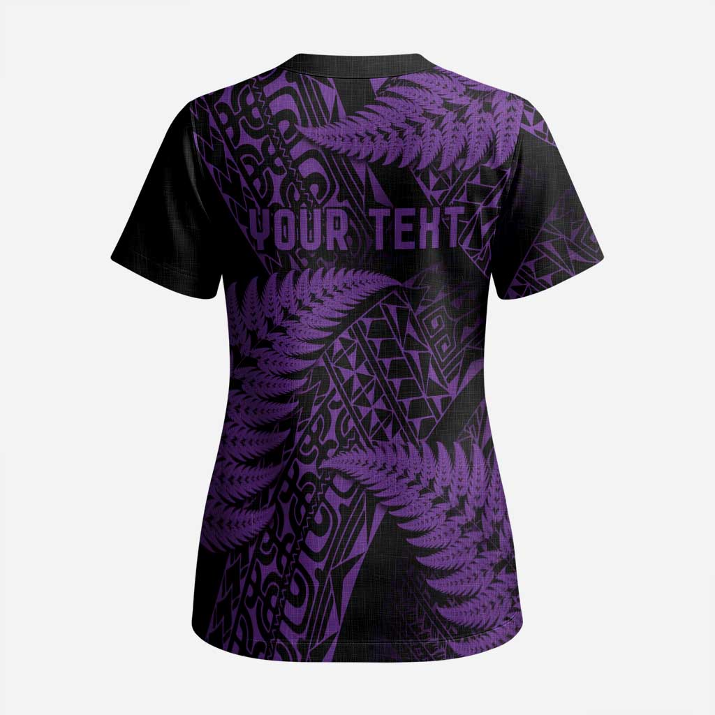 New Zealand Rugby Pacific Personalised Scrub Top All Purple Maori Pasifika Fern Pattern - Polynesian Pride