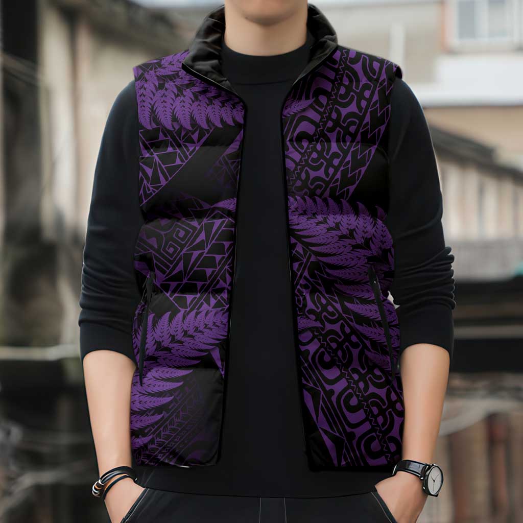 New Zealand Rugby Pacific Personalised Sleeveless Puffer Jacket All Purple Maori Pasifika Fern Pattern - Polynesian Pride