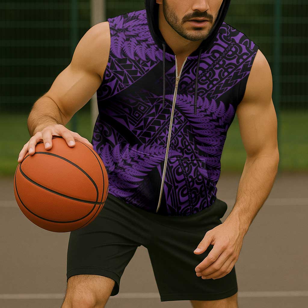 New Zealand Rugby Pacific Personalised Sleeveless Zip Hoodie All Purple Maori Pasifika Fern Pattern - Polynesian Pride