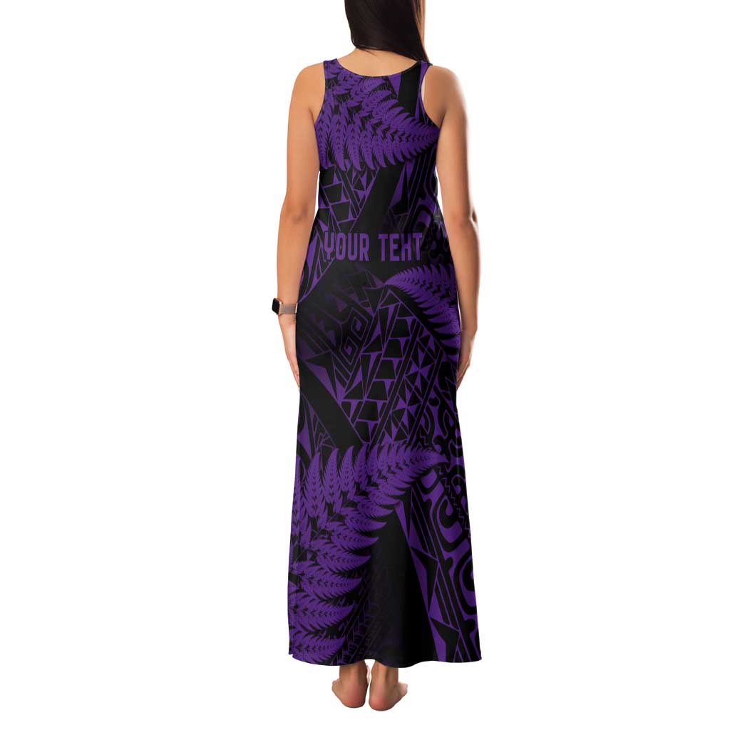 New Zealand Rugby Pacific Personalised Tank Maxi Dress All Purple Maori Pasifika Fern Pattern