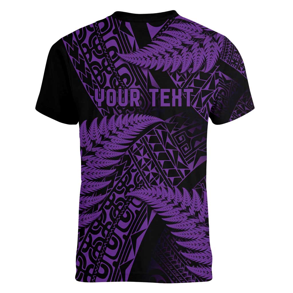New Zealand Rugby Pacific Personalised Women V-Neck T-Shirt All Purple Maori Pasifika Fern Pattern