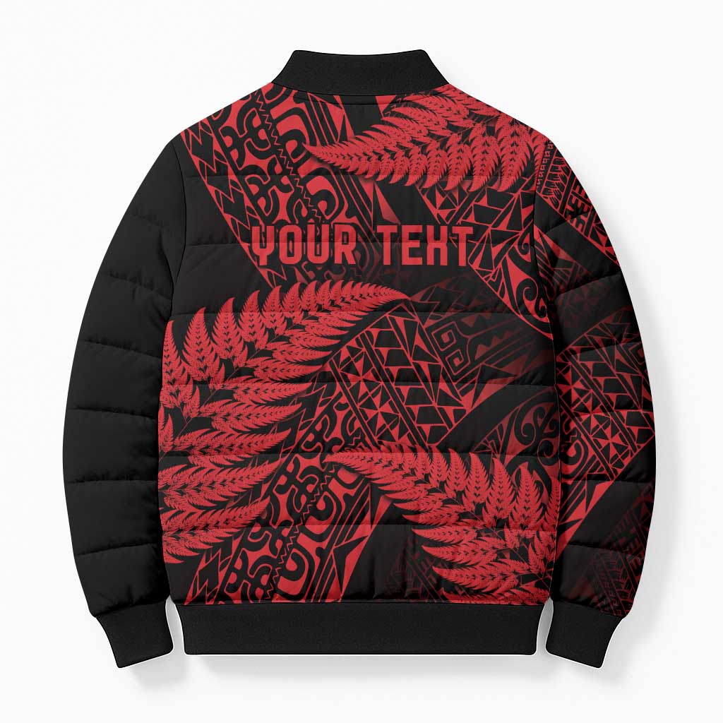 New Zealand Rugby Pacific Personalised Bomber Puffer Jacket All Red Maori Pasifika Fern Pattern - Polynesian Pride