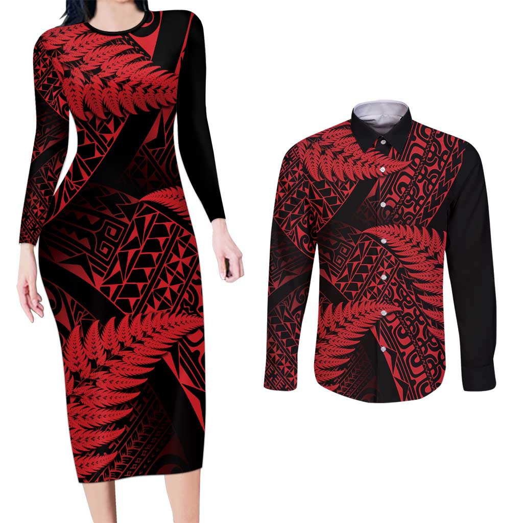 New Zealand Rugby Pacific Personalised Couples Matching Long Sleeve Bodycon Dress and Long Sleeve Button Shirt All Red Maori Pasifika Fern Pattern