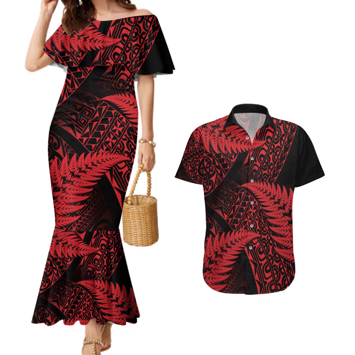 New Zealand Rugby Pacific Personalised Couples Matching Mermaid Dress and Hawaiian Shirt All Red Maori Pasifika Fern Pattern