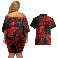New Zealand Rugby Pacific Personalised Couples Matching Off Shoulder Short Dress and Hawaiian Shirt All Red Maori Pasifika Fern Pattern