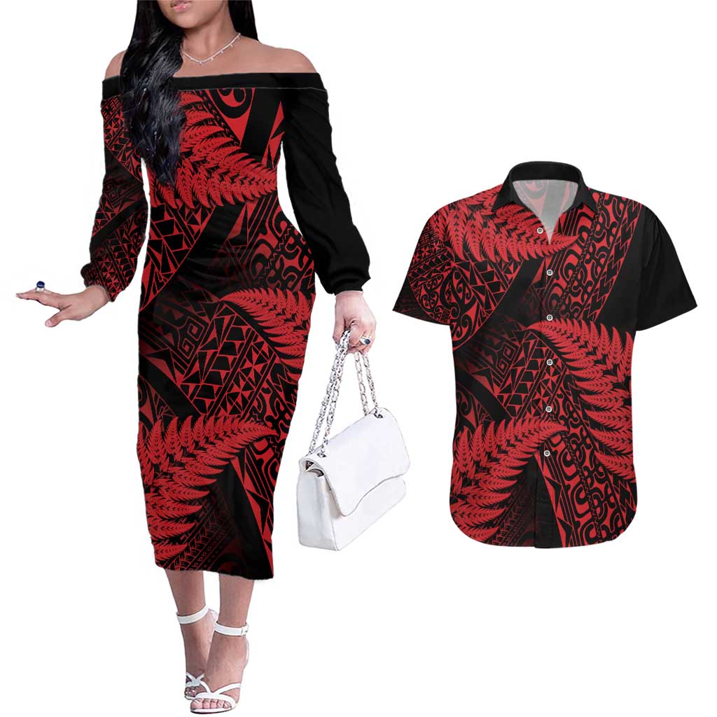 New Zealand Rugby Pacific Personalised Couples Matching Off The Shoulder Long Sleeve Dress and Hawaiian Shirt All Red Maori Pasifika Fern Pattern