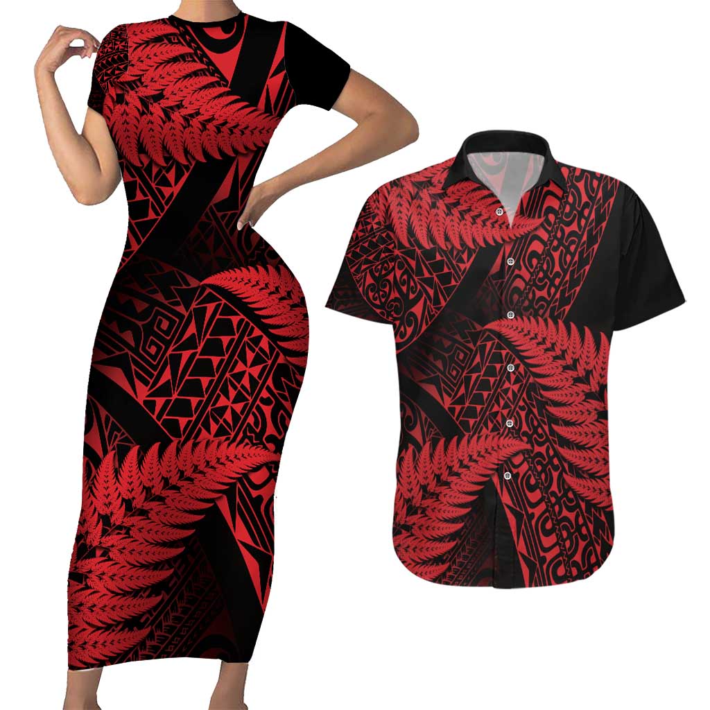 New Zealand Rugby Pacific Personalised Couples Matching Short Sleeve Bodycon Dress and Hawaiian Shirt All Red Maori Pasifika Fern Pattern