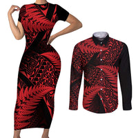 New Zealand Rugby Pacific Personalised Couples Matching Short Sleeve Bodycon Dress and Long Sleeve Button Shirt All Red Maori Pasifika Fern Pattern