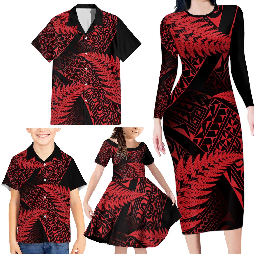 New Zealand Rugby Pacific Personalised Family Matching Long Sleeve Bodycon Dress and Hawaiian Shirt All Red Maori Pasifika Fern Pattern