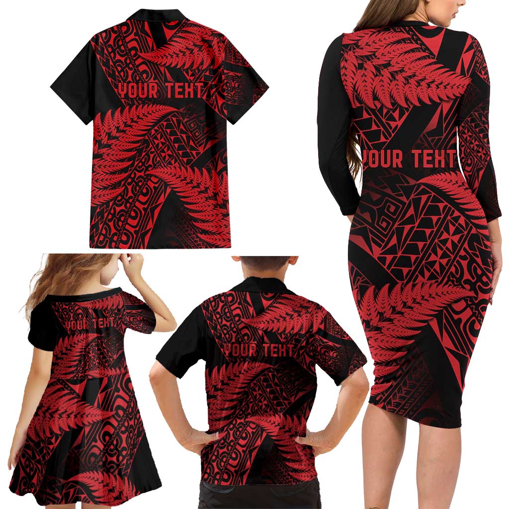 New Zealand Rugby Pacific Personalised Family Matching Long Sleeve Bodycon Dress and Hawaiian Shirt All Red Maori Pasifika Fern Pattern