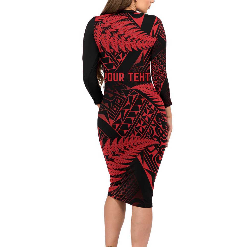 New Zealand Rugby Pacific Personalised Family Matching Long Sleeve Bodycon Dress and Hawaiian Shirt All Red Maori Pasifika Fern Pattern