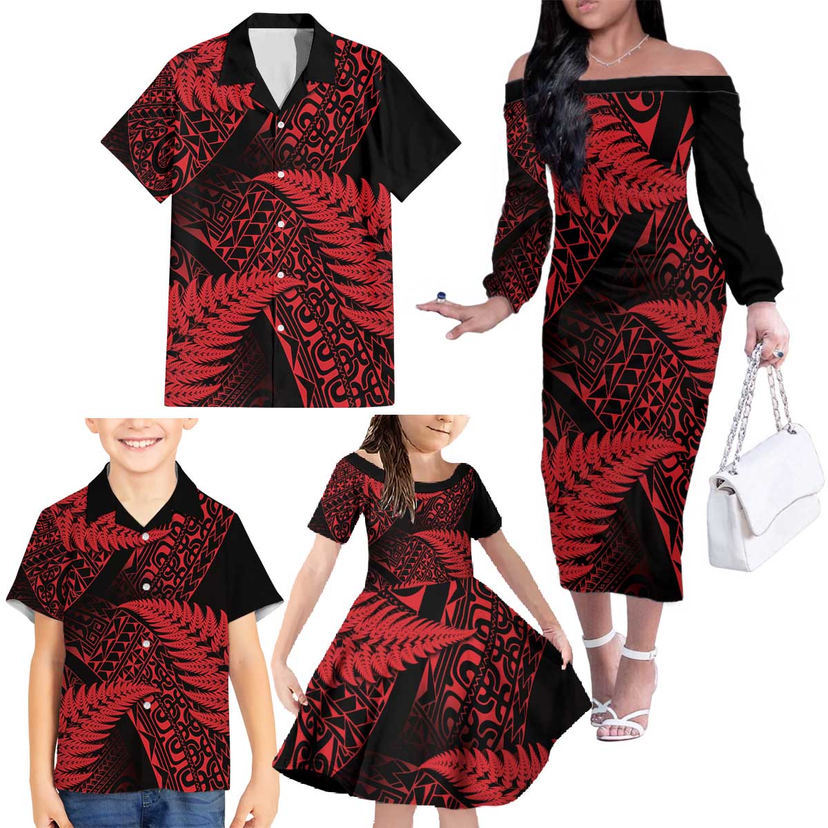 New Zealand Rugby Pacific Personalised Family Matching Off The Shoulder Long Sleeve Dress and Hawaiian Shirt All Red Maori Pasifika Fern Pattern