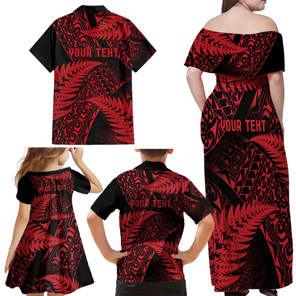 New Zealand Rugby Pacific Personalised Family Matching Off Shoulder Maxi Dress and Hawaiian Shirt All Red Maori Pasifika Fern Pattern