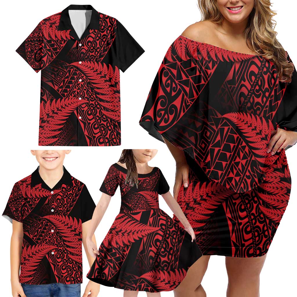 New Zealand Rugby Pacific Personalised Family Matching Off Shoulder Short Dress and Hawaiian Shirt All Red Maori Pasifika Fern Pattern