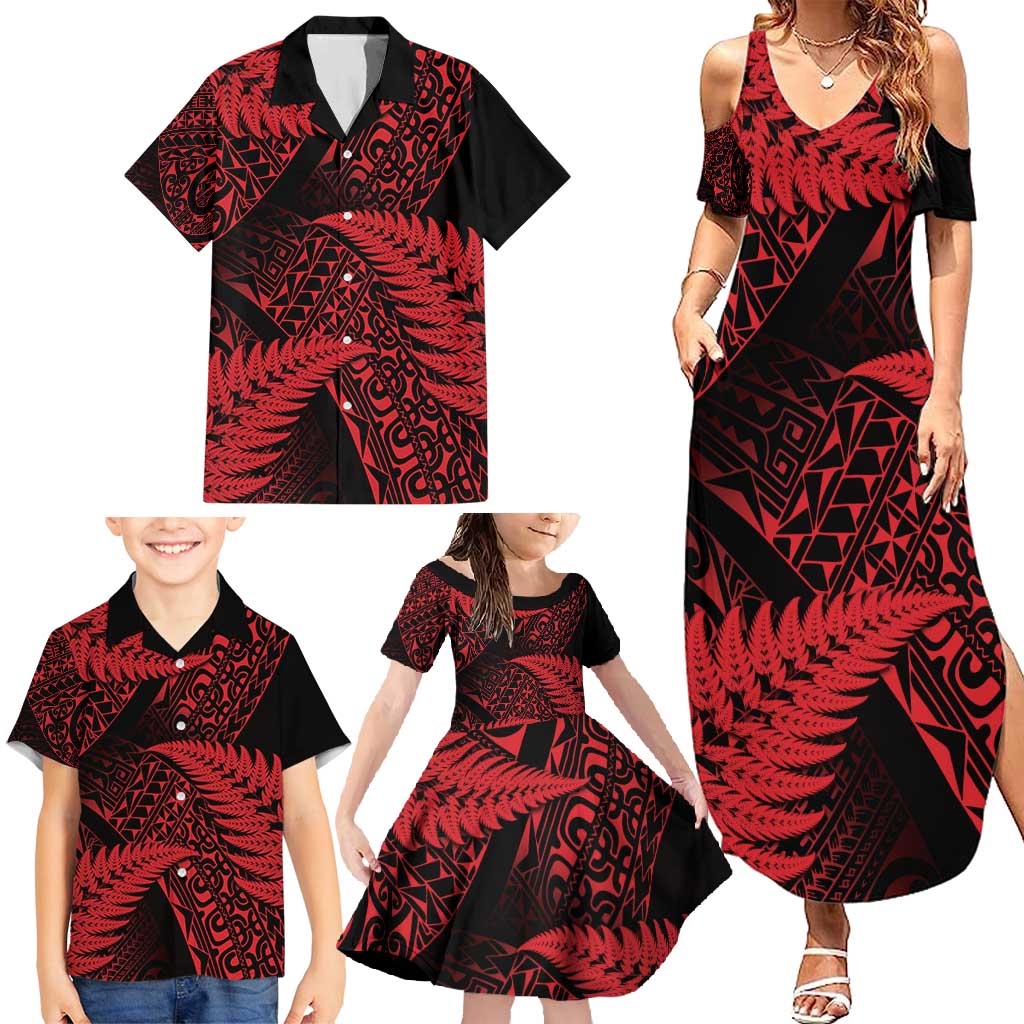 New Zealand Rugby Pacific Personalised Family Matching Summer Maxi Dress and Hawaiian Shirt All Red Maori Pasifika Fern Pattern