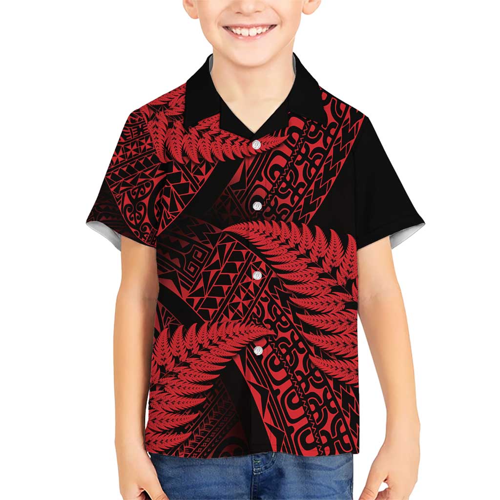 New Zealand Rugby Pacific Personalised Kid Hawaiian Shirt All Red Maori Pasifika Fern Pattern