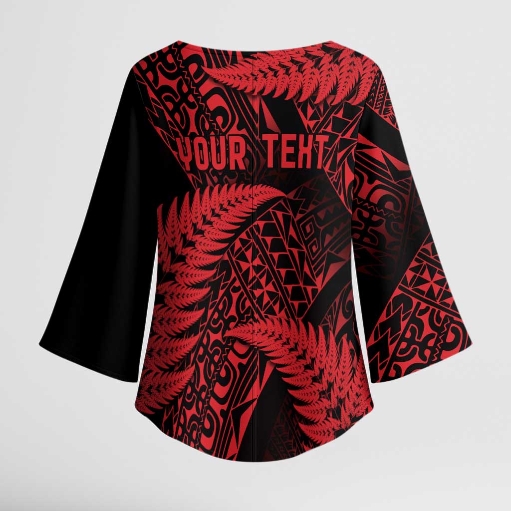 New Zealand Rugby Pacific Personalised Kimono Sleeve Blouse All Red Maori Pasifika Fern Pattern - Polynesian Pride