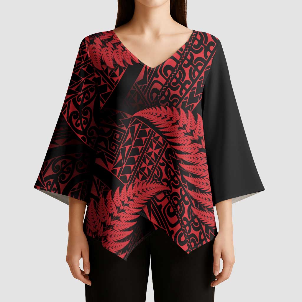New Zealand Rugby Pacific Personalised Kimono Sleeve Blouse All Red Maori Pasifika Fern Pattern - Polynesian Pride