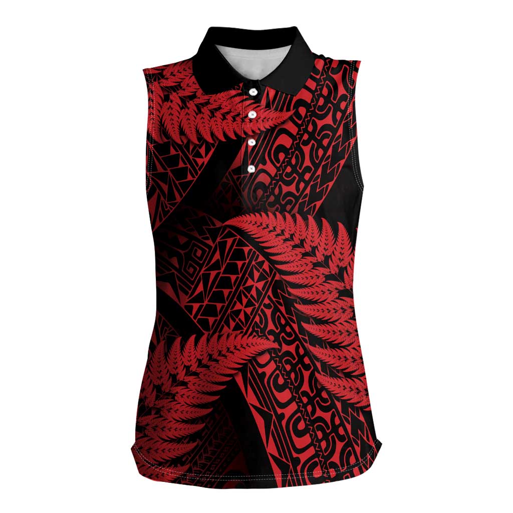New Zealand Rugby Pacific Personalised Women Sleeveless Polo Shirt All Red Maori Pasifika Fern Pattern