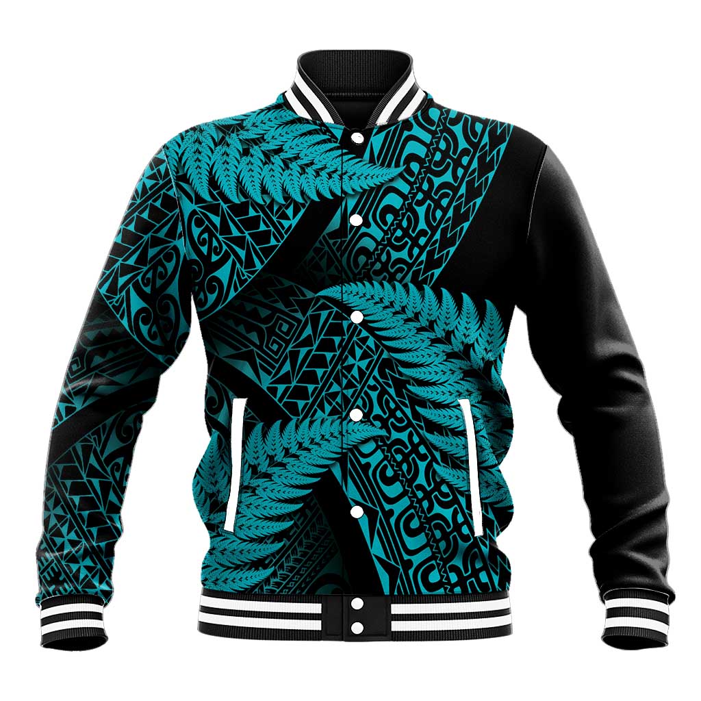 New Zealand Rugby Pacific Personalised Baseball Jacket All Turquoise Maori Pasifika Fern Pattern