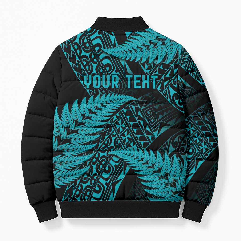 New Zealand Rugby Pacific Personalised Bomber Puffer Jacket All Turquoise Maori Pasifika Fern Pattern - Polynesian Pride