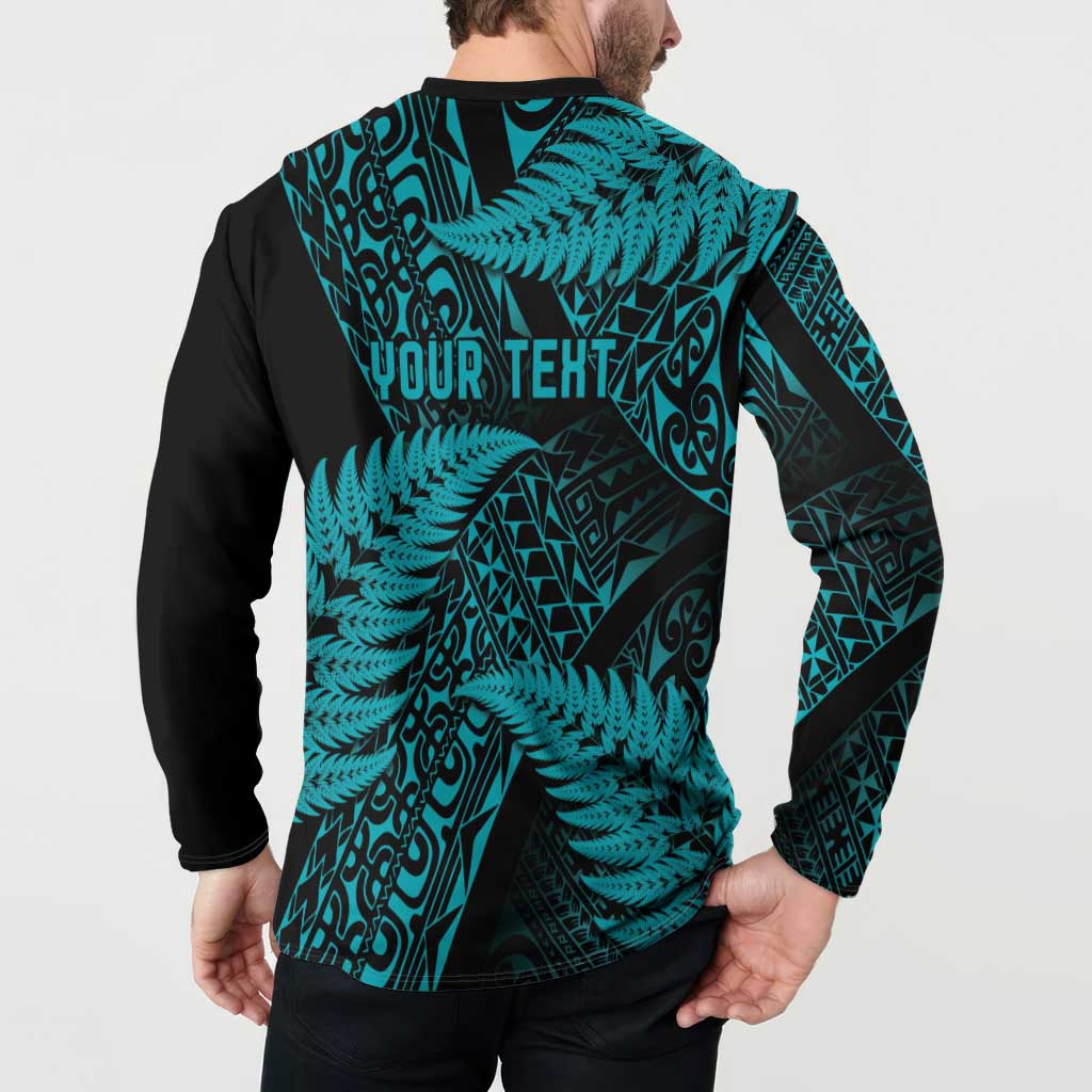 New Zealand Rugby Pacific Personalised Button Sweatshirt All Turquoise Maori Pasifika Fern Pattern