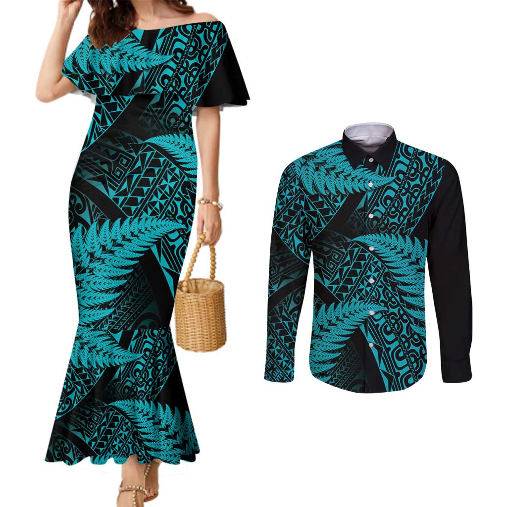 New Zealand Rugby Pacific Personalised Couples Matching Mermaid Dress and Long Sleeve Button Shirt All Turquoise Maori Pasifika Fern Pattern
