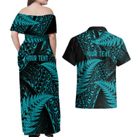 New Zealand Rugby Pacific Personalised Couples Matching Off Shoulder Maxi Dress and Hawaiian Shirt All Turquoise Maori Pasifika Fern Pattern