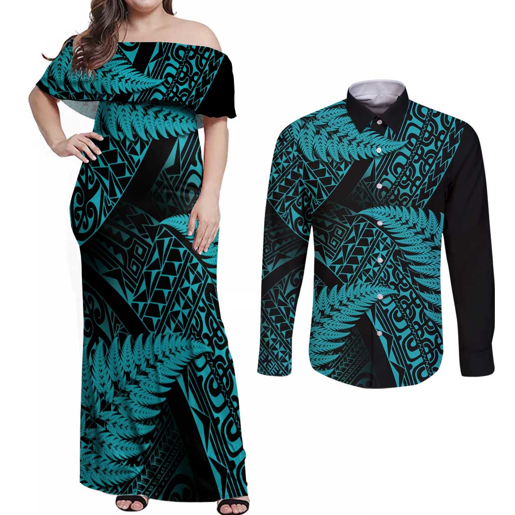 New Zealand Rugby Pacific Personalised Couples Matching Off Shoulder Maxi Dress and Long Sleeve Button Shirt All Turquoise Maori Pasifika Fern Pattern