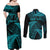 New Zealand Rugby Pacific Personalised Couples Matching Off Shoulder Maxi Dress and Long Sleeve Button Shirt All Turquoise Maori Pasifika Fern Pattern