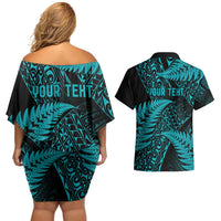 New Zealand Rugby Pacific Personalised Couples Matching Off Shoulder Short Dress and Hawaiian Shirt All Turquoise Maori Pasifika Fern Pattern