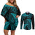New Zealand Rugby Pacific Personalised Couples Matching Off Shoulder Short Dress and Long Sleeve Button Shirt All Turquoise Maori Pasifika Fern Pattern