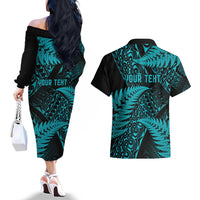 New Zealand Rugby Pacific Personalised Couples Matching Off The Shoulder Long Sleeve Dress and Hawaiian Shirt All Turquoise Maori Pasifika Fern Pattern