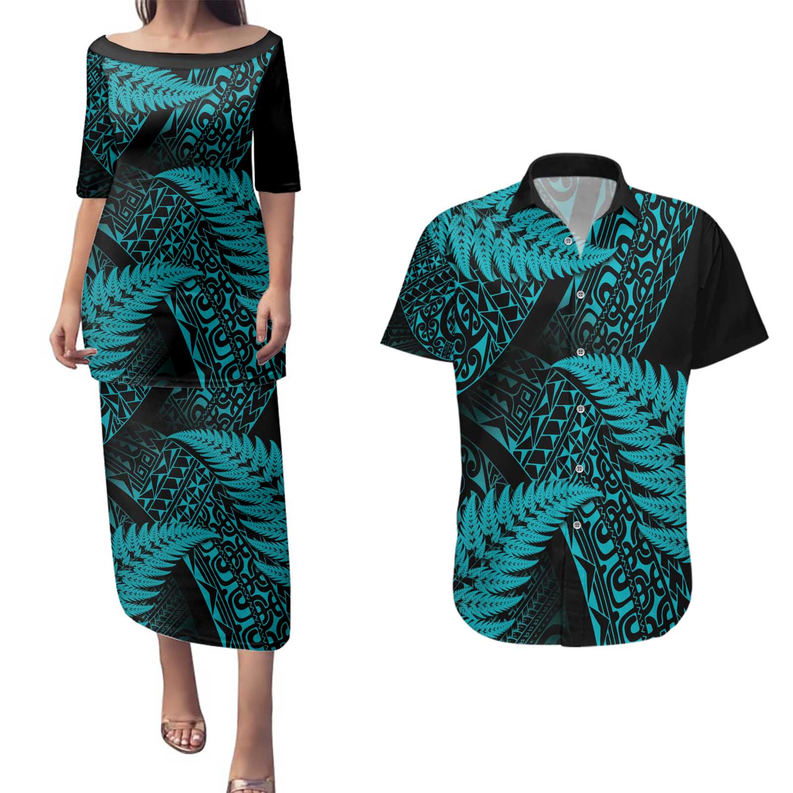 New Zealand Rugby Pacific Personalised Couples Matching Puletasi and Hawaiian Shirt All Turquoise Maori Pasifika Fern Pattern