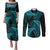 New Zealand Rugby Pacific Personalised Couples Matching Puletasi and Long Sleeve Button Shirt All Turquoise Maori Pasifika Fern Pattern
