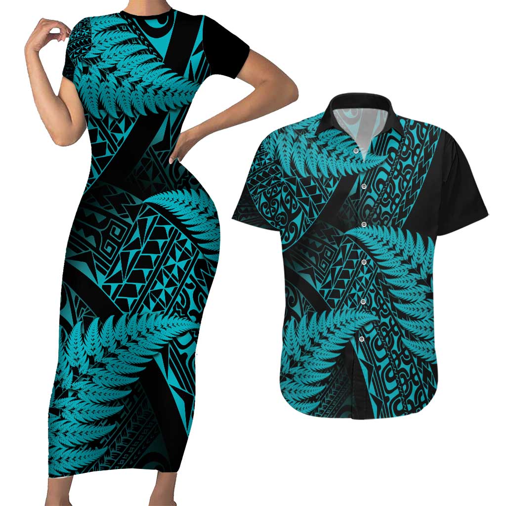 New Zealand Rugby Pacific Personalised Couples Matching Short Sleeve Bodycon Dress and Hawaiian Shirt All Turquoise Maori Pasifika Fern Pattern