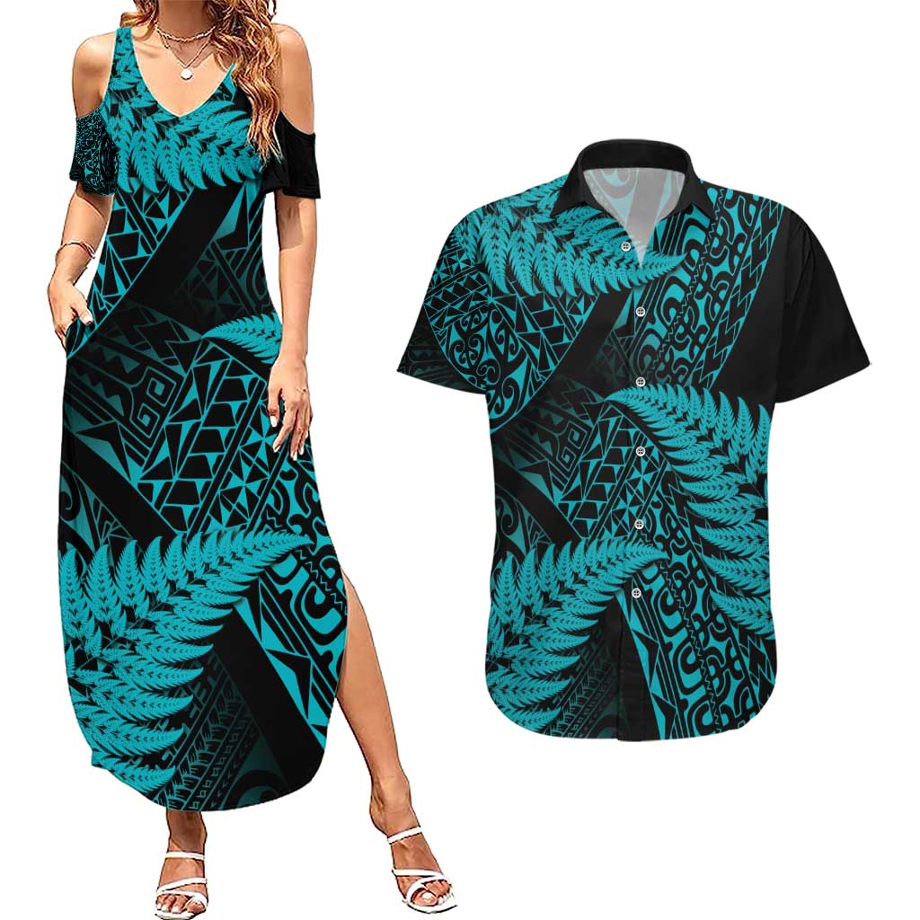 New Zealand Rugby Pacific Personalised Couples Matching Summer Maxi Dress and Hawaiian Shirt All Turquoise Maori Pasifika Fern Pattern