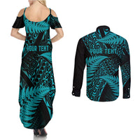 New Zealand Rugby Pacific Personalised Couples Matching Summer Maxi Dress and Long Sleeve Button Shirt All Turquoise Maori Pasifika Fern Pattern