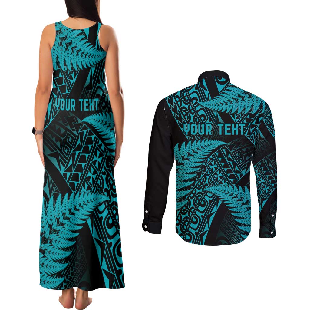 New Zealand Rugby Pacific Personalised Couples Matching Tank Maxi Dress and Long Sleeve Button Shirt All Turquoise Maori Pasifika Fern Pattern
