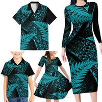 New Zealand Rugby Pacific Personalised Family Matching Long Sleeve Bodycon Dress and Hawaiian Shirt All Turquoise Maori Pasifika Fern Pattern