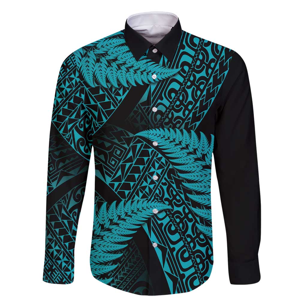 New Zealand Rugby Pacific Personalised Family Matching Long Sleeve Bodycon Dress and Hawaiian Shirt All Turquoise Maori Pasifika Fern Pattern
