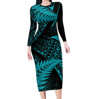 New Zealand Rugby Pacific Personalised Family Matching Long Sleeve Bodycon Dress and Hawaiian Shirt All Turquoise Maori Pasifika Fern Pattern