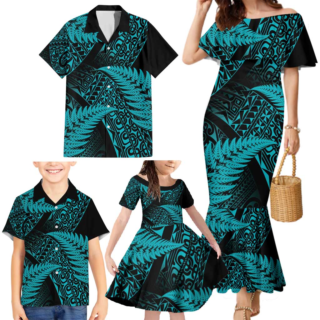 New Zealand Rugby Pacific Personalised Family Matching Mermaid Dress and Hawaiian Shirt All Turquoise Maori Pasifika Fern Pattern