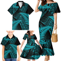 New Zealand Rugby Pacific Personalised Family Matching Mermaid Dress and Hawaiian Shirt All Turquoise Maori Pasifika Fern Pattern