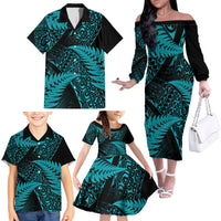 New Zealand Rugby Pacific Personalised Family Matching Off The Shoulder Long Sleeve Dress and Hawaiian Shirt All Turquoise Maori Pasifika Fern Pattern