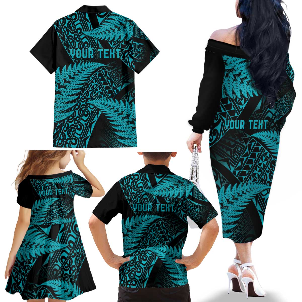 New Zealand Rugby Pacific Personalised Family Matching Off The Shoulder Long Sleeve Dress and Hawaiian Shirt All Turquoise Maori Pasifika Fern Pattern