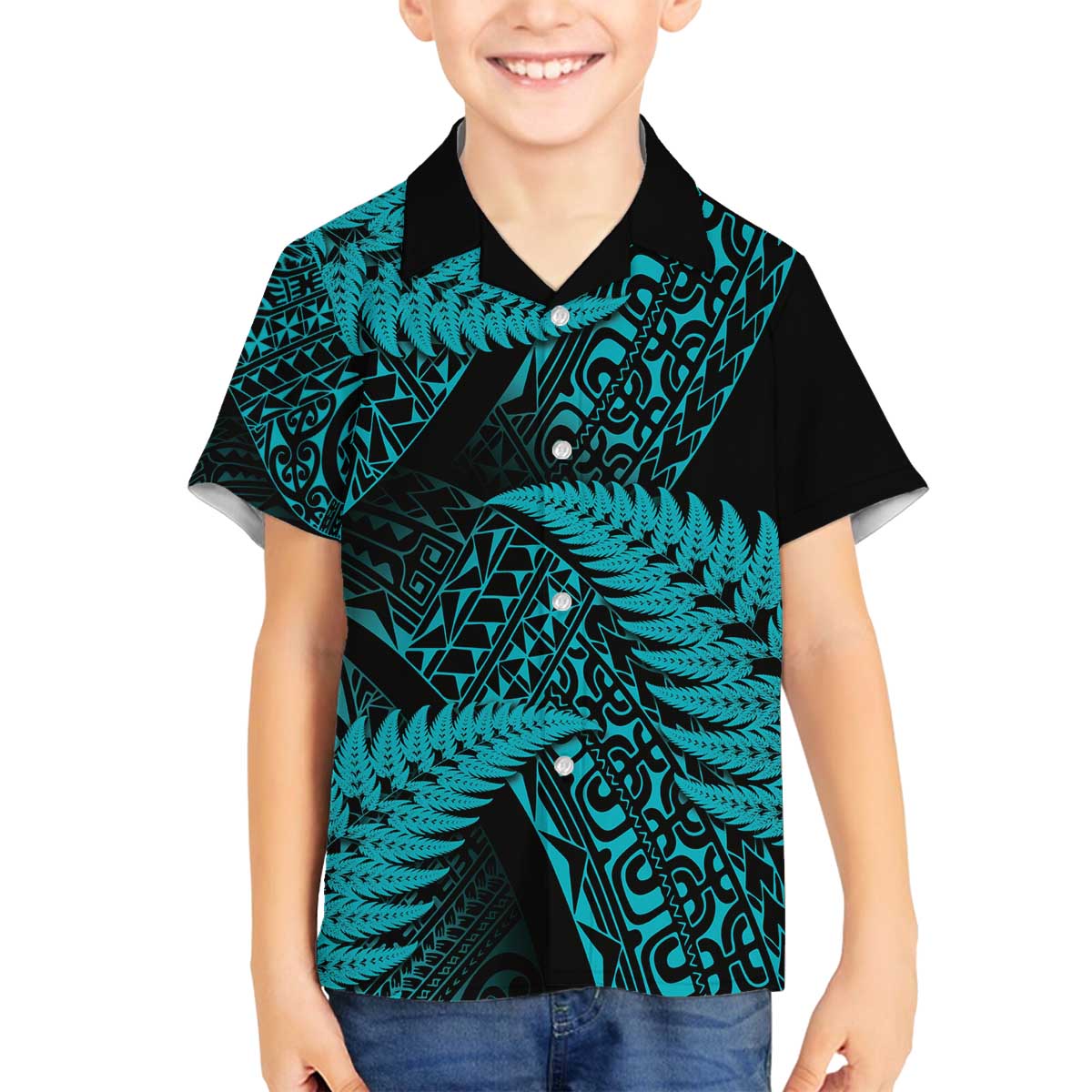 New Zealand Rugby Pacific Personalised Family Matching Off The Shoulder Long Sleeve Dress and Hawaiian Shirt All Turquoise Maori Pasifika Fern Pattern