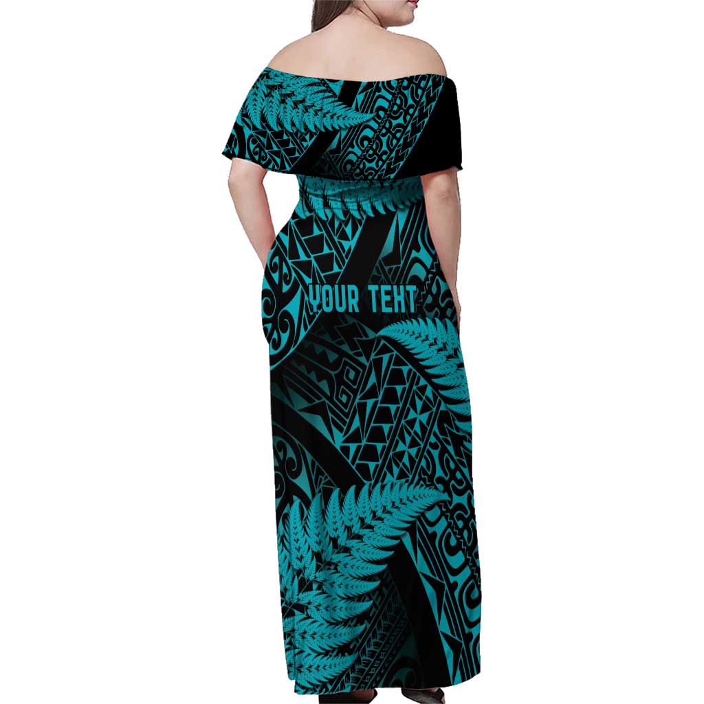 New Zealand Rugby Pacific Personalised Family Matching Off Shoulder Maxi Dress and Hawaiian Shirt All Turquoise Maori Pasifika Fern Pattern